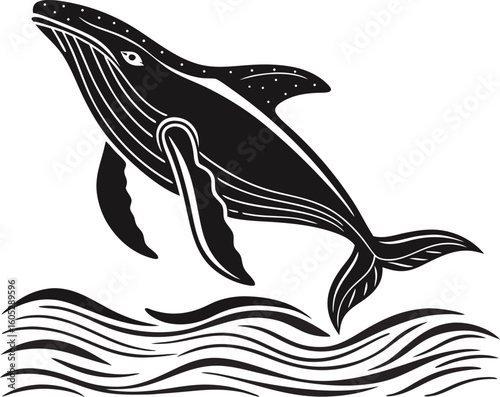 Vector art of a majestic humpback whale leaps from the ocean waves in a stylized black and white illustration
