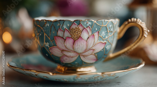 Beautifully detailed tea cup with lotus flower design in a serene setting