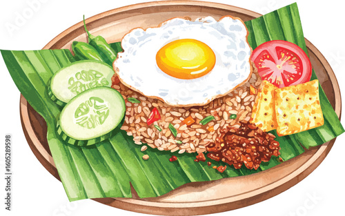 Watercolor Illustration of Nasi Goreng – Traditional Indonesian Fried Rice