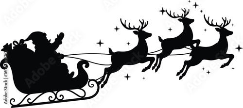Santa Claus sleigh silhouette vector, flying reindeer pulling gift-loaded sleigh with stars, black Christmas illustration on white background, isolated festive artwork for stock