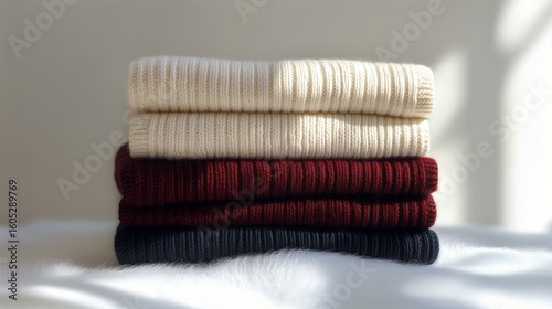 Cozy Stacked Sweaters in Warm Colors on a Soft Surface With Gentle Sunlight