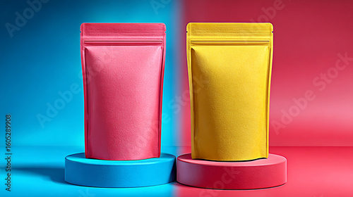 Colorful bags of packaging displayed on round platforms in a vibrant setting