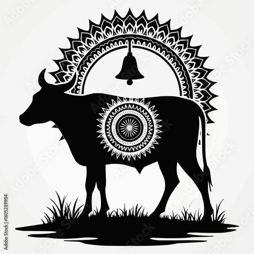 Sacred cow with bell silhouette in vector style and intricate design  