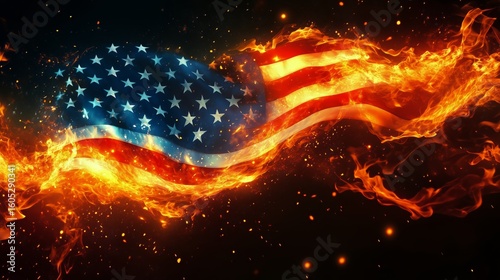 American Flag Engulfed in Flames With Sparks and Glowing Embers in a Dramatic...