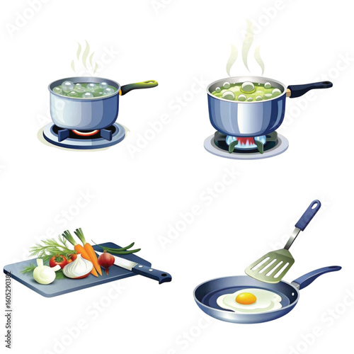 Cooking process with pots, vegetables, and frying egg on stove  