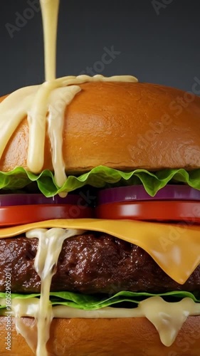 Juicy Cheeseburger with Lettuce, Tomato, and Melted Cheese in a Toasted Bun – Classic American Fast Food Favorite Served Hot and Fresh.