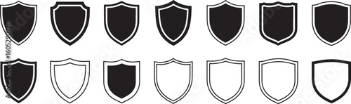 Collection of black shield icons with varied shapes and outlines security protection
