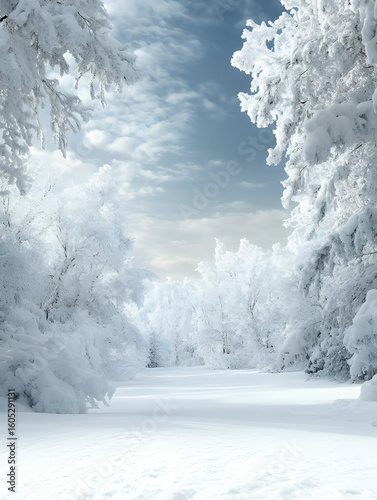 background for design white snow branch on blurred winter background. vertical blue wallpaper