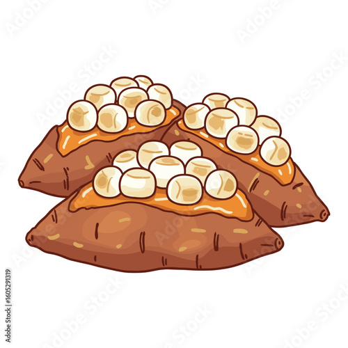 Illustrated sweet potato with marshmallows. Vector illustration