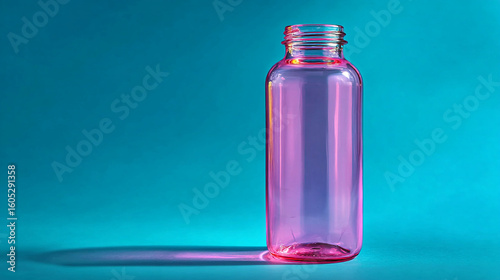 Clear pink bottle against a vibrant blue background showcasing modern design works