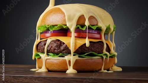 Juicy Cheeseburger with Lettuce, Tomato, and Melted Cheese in a Toasted Bun – Classic American Fast Food Favorite Served Hot and Fresh.