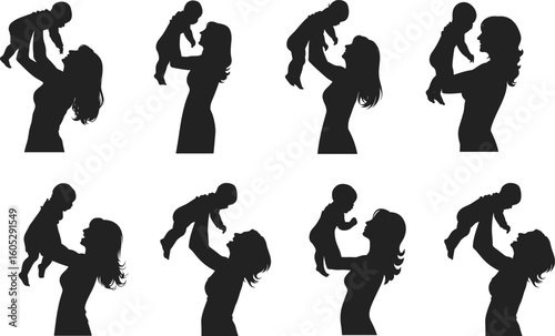 Silhouettes set Collection of mom and dad holding their children. Family walking and playing together with kids vector silhouette. mother, baby, children, holding, silhouette, tender, lifting, caring