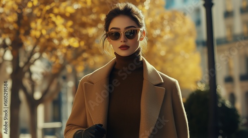 Stylish Woman Walking Through a City Street Surrounded by Autumn Foliage in t...