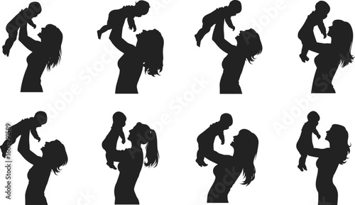 Silhouettes set Collection of mom and dad holding their children. Family walking and playing together with kids vector silhouette. mother, baby, children, holding, silhouette, tender, lifting, caring