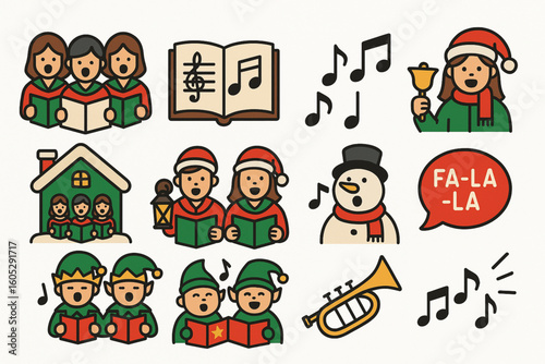 Set of Christmas Carol Icons in Flat Vector Style