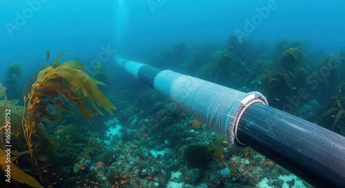 A massive submarine communication cable extends across the vibrant ocean floor, surrounded by lush kelp forests, symbolizing global internet connectivity, data transmission, and underwater technology 