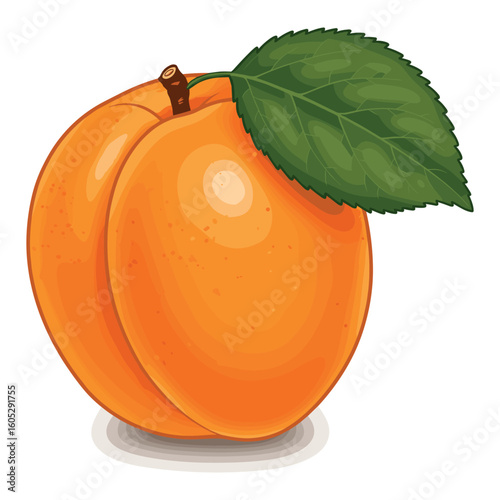 Fresh ripe orange apricot with green leaf. Vector illustration