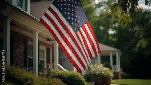 American Flag Waving in Front of a Charming Suburban Home During a Sunny Afte...