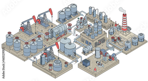 Isometric industrial oil refinery with processing equipment and pipelines