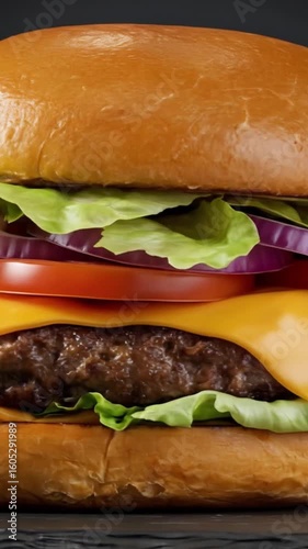 Juicy Cheeseburger with Lettuce, Tomato, and Melted Cheese in a Toasted Bun – Classic American Fast Food Favorite Served Hot and Fresh.