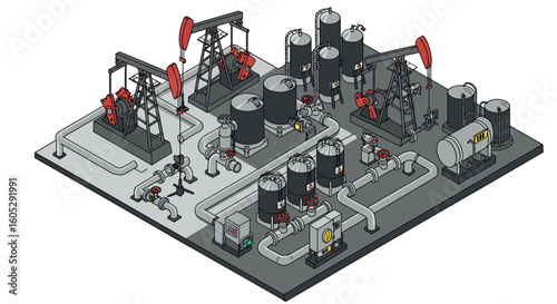 Detailed industrial oil refinery with pumpjacks and tanks in isometric design