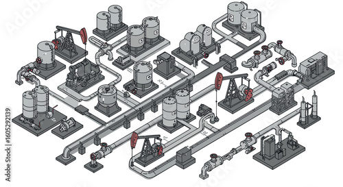 Detailed isometric industrial plant with machinery and pipelines