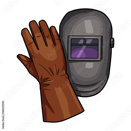 Protective welding gear: brown glove and helmet for safety. Vector illustration