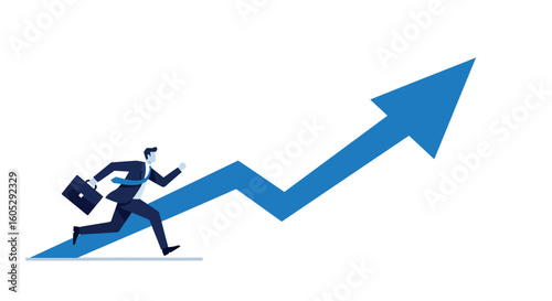 Business growth concept with running businessman and upward arrow in blue