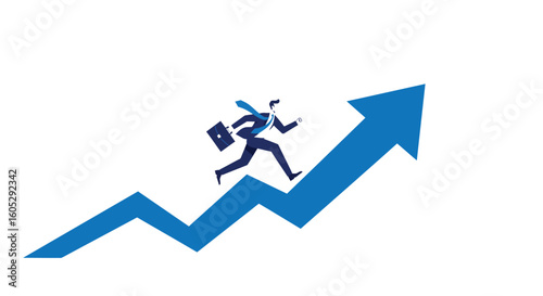 Business growth concept: professional running upward on blue arrow chart