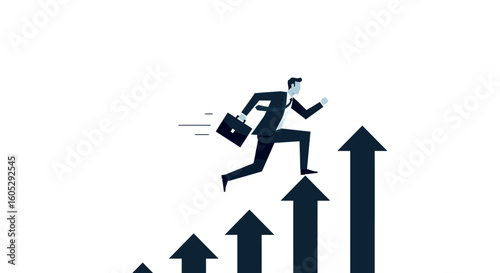 Businessman climbing growth arrows for career success and development