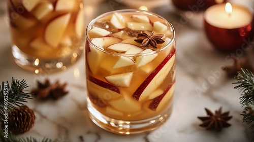 Festive Holiday Drink With Apple Slices and Spices on a Marble Table