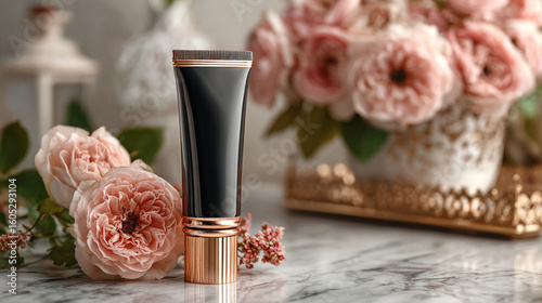 Elegant cosmetics tube surrounded by pink flowers on marble surface in cozy setting