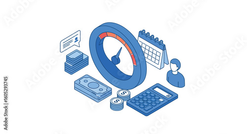 Isometric business performance analysis with speedometer and calculator
