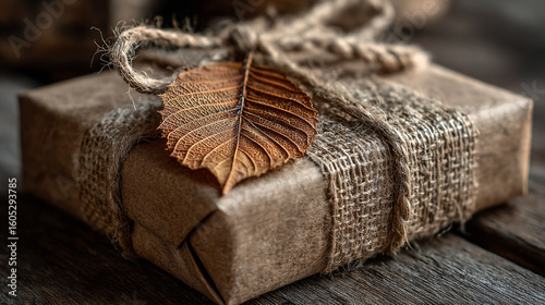 Brown wrapped gift box with dried leaf decoration on rustic wooden table