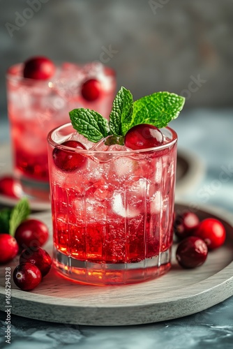 Refreshing Cranberry Drinks Served on Marble Table With Ice and Mint Garnish.