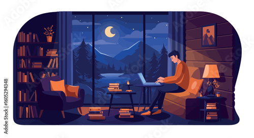 Cozy nighttime workspace: man on laptop by a moonlit mountain view