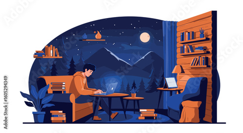 Cozy nighttime work at home with laptop in cabin