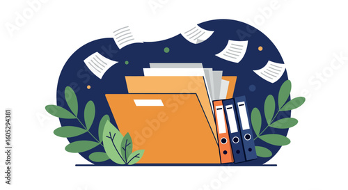 Organized workspace: open file folder with documents and binders