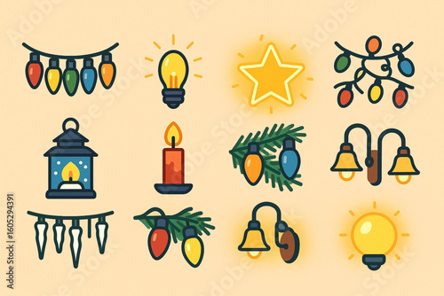 Set of Christmas Light Icons in Flat Vector Style