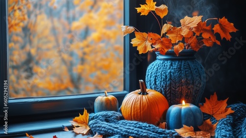 Autumn Decor Featuring Pumpkins, Candles, and Colorful Foliage in a Cozy Indo...
