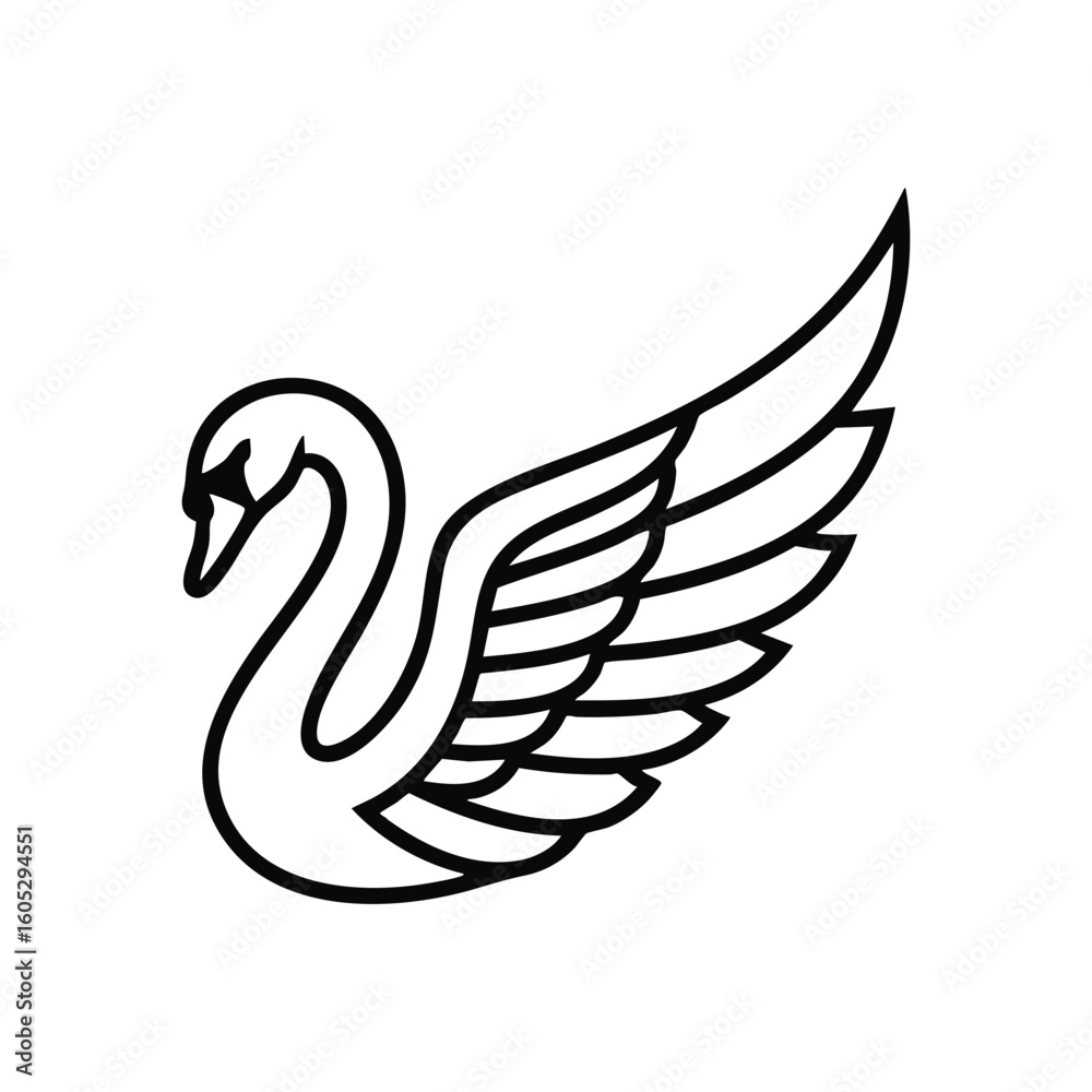 Obraz premium Elegant Swan Outline. Minimalist black linear illustration of a magnificent fowl with an outstretched wing. Represents purity, beauty, and serene movement.