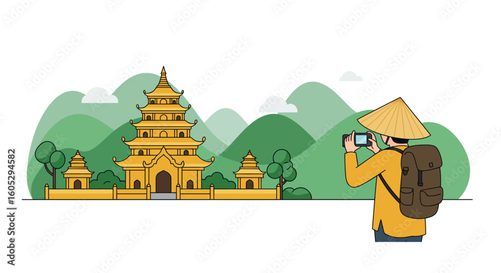 Naklejka premium Tourist capturing a buddhist temple with scenic mountain backdrop in flat design