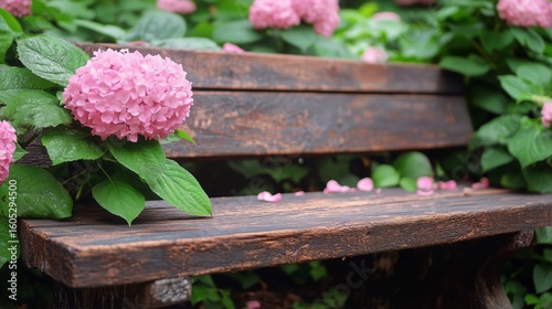 Wooden Bench Surrounded by Blooming Hydrangeas in a Tranquil Garden Setting D...