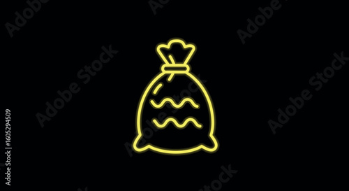 Neon glowing money bag icon with a simple design on a black background