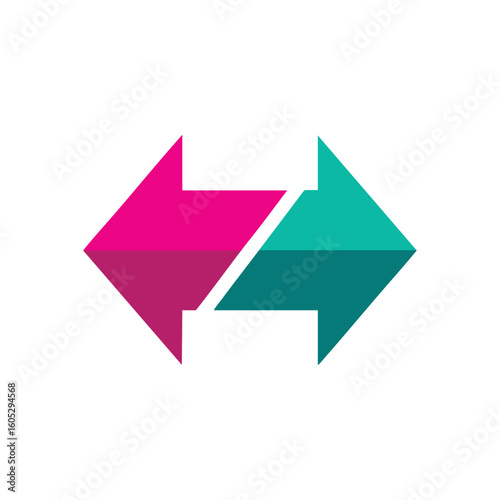 Pink Teal Directional Arrows. Vibrant fuchsia and turquoise pointers illustrate a dual path or reciprocal action. This geometric emblem signifies transfer, flow, or choice.