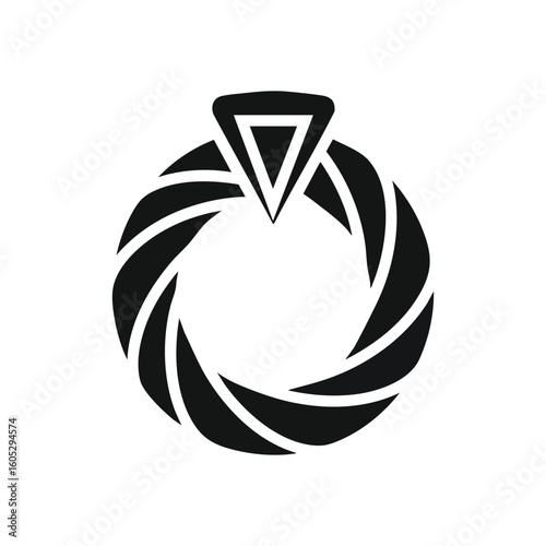 Abstract Geometric Ring Symbol. Sleek monochromatic graphic featuring a swirling circular design topped with a sharp triangular element. Represents elegance, movement, and a timeless connection.