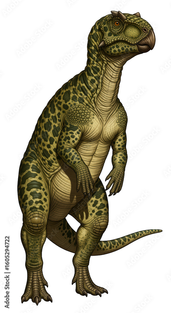 Obraz premium Psittacosaurus sibiricus PNG with transparent background and green-yellow spotted skin, a basal ceratopsian dinosaur
