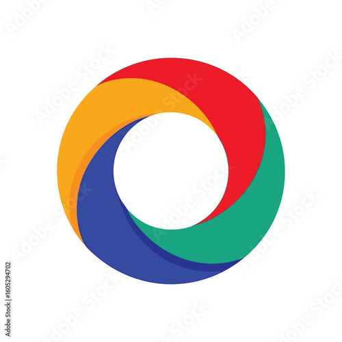 Modern Geometric Color Blend. Vivid abstract round form with four interlocking segments: red, orange, blue, and teal. Symbolizes unity, diverse elements, and dynamic progress.