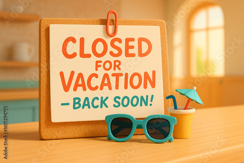 Closed for vacation sign with sunglasses and tropical drink on counter, warm summer shop closure concept with cheerful handwritten typography and cozy interior background
