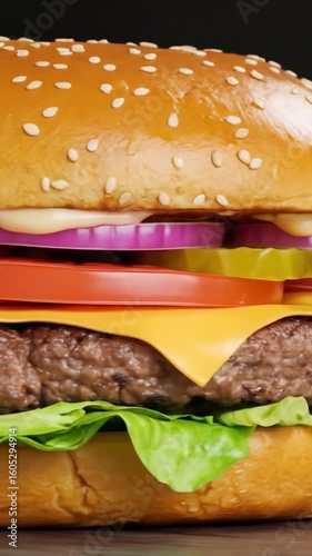 Juicy Cheeseburger with Lettuce, Tomato, and Melted Cheese in a Toasted Bun – Classic American Fast Food Favorite Served Hot and Fresh.